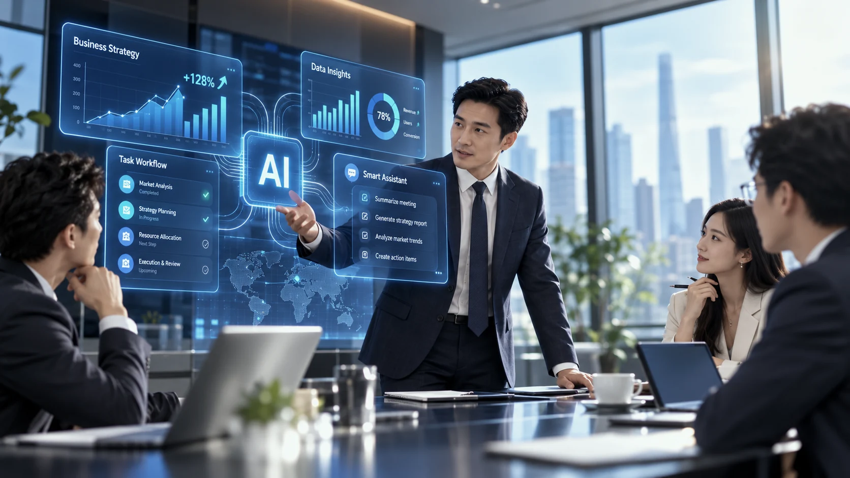 A business team collaborating with AI